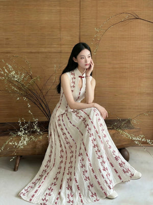 Chengyu couture qiliu tingfeng new chinese style silk linen gold embroidery sequin tassel dress