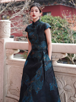 Chengyu haute couture fengluan jinlin new chinese silk gilt embroidered cheongsam top skirt set
