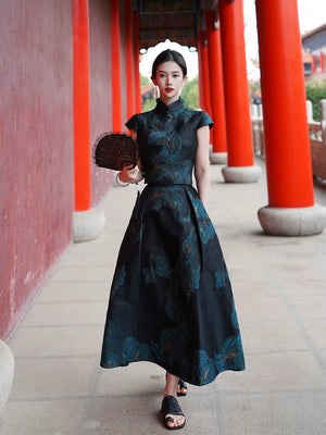 Chengyu silk gilt embroidered cheongsam fengluan jinlin new chinese top skirt set