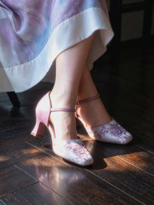 Cheongsam heels pink lace floral t strap stiletto pumps chinese style wedding bridal shoes for qipao and hanfu women front view