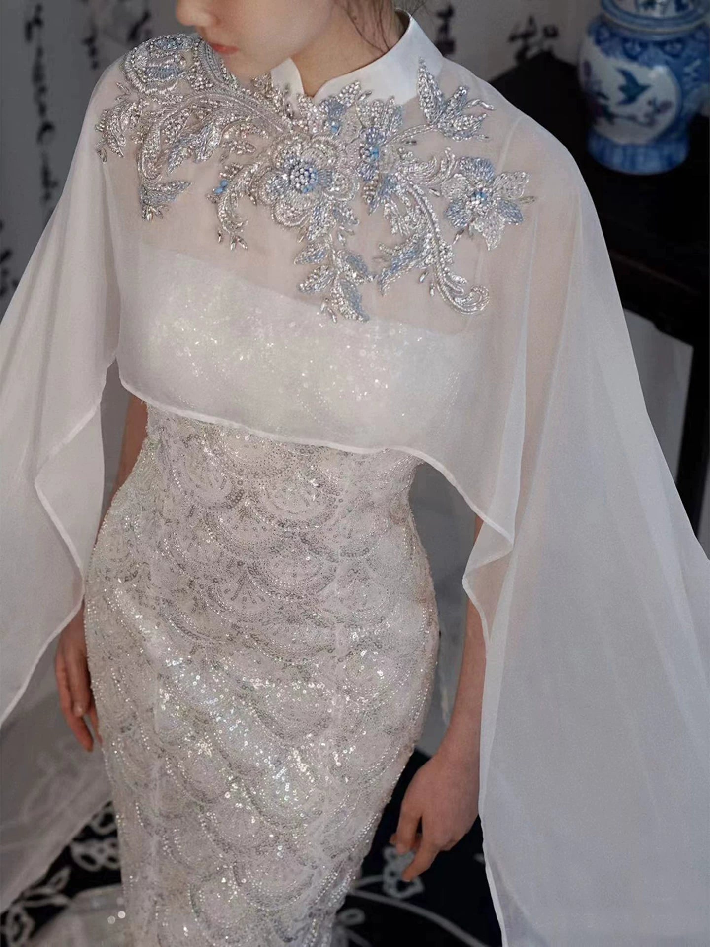 Luxury White Long Cheongsam Evening Dress | New Chinese Style Qipao