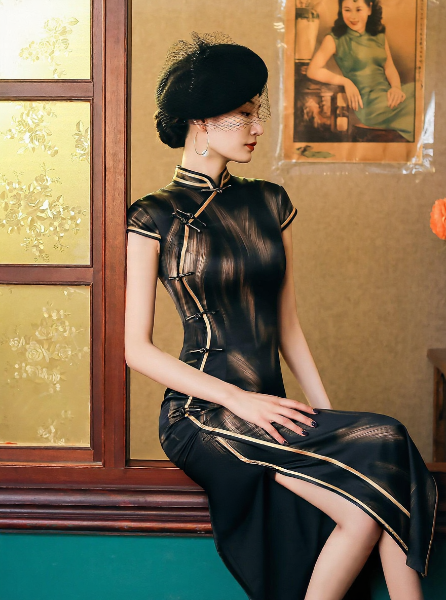 Mulberry Silk Cheongsam | Black Sheer Lace Short Sleeve Midi Dress