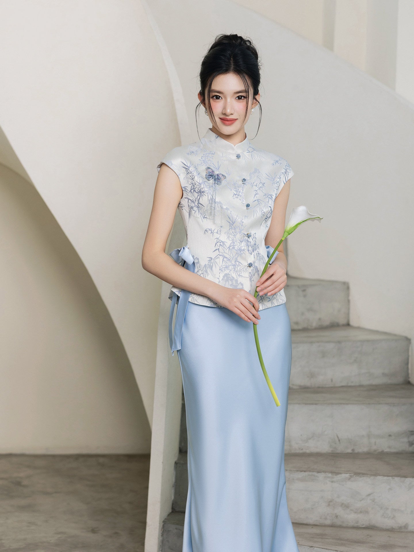 Cheongsam qipao set white 3d floral sleeveless top and light blue high waist mermaid skirt modern elegant for women front view