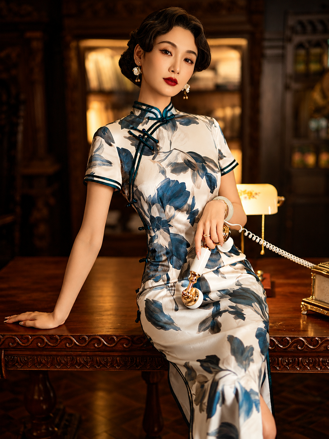 Cheongsam qipao white blue ink lotus print short sleeve slim maxi dress vintage republic style for women front view