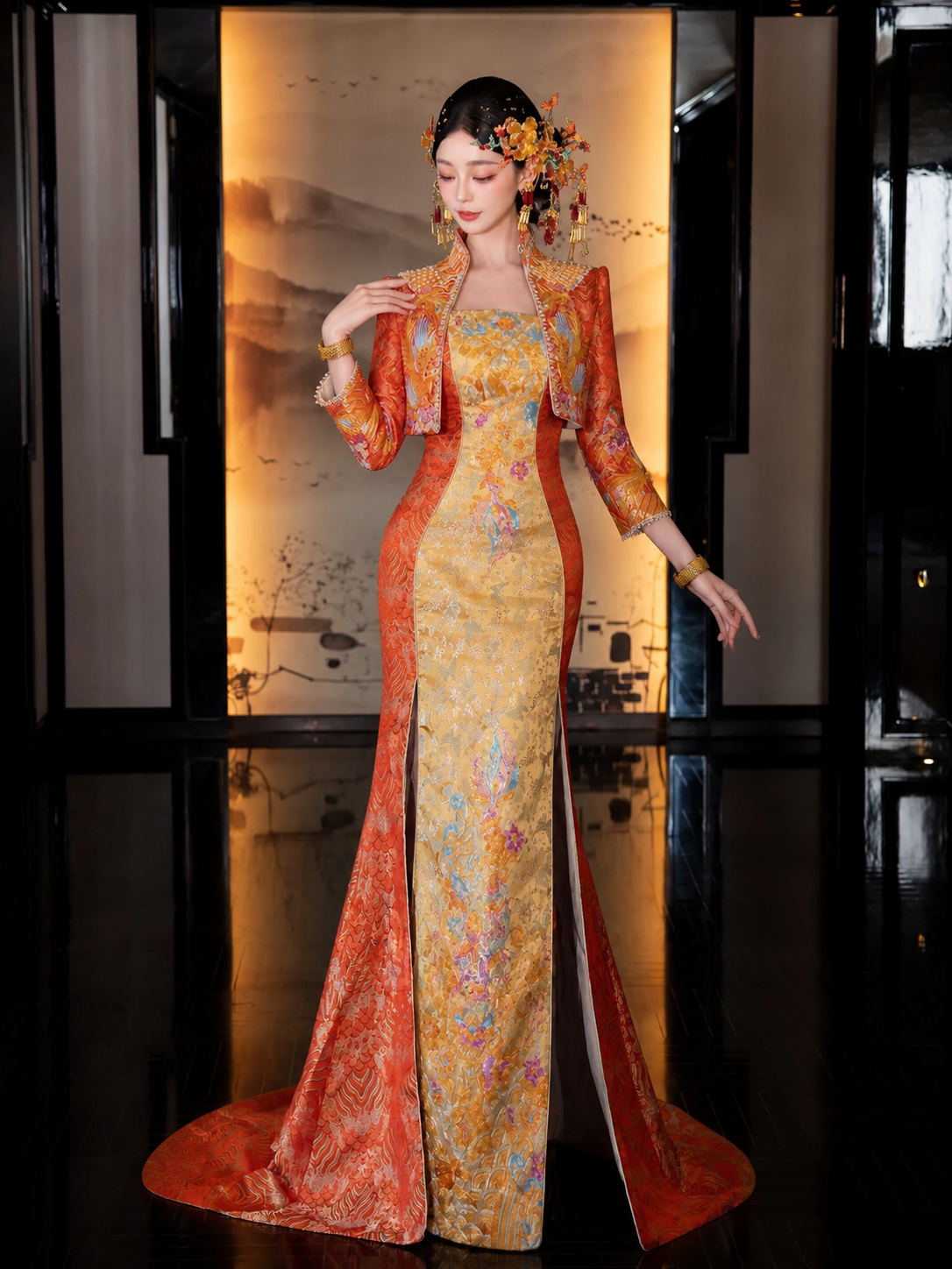 'Qionghua'Orange Cheongsam Trailing Bridal Wedding Dress Chinese Wedding Dress