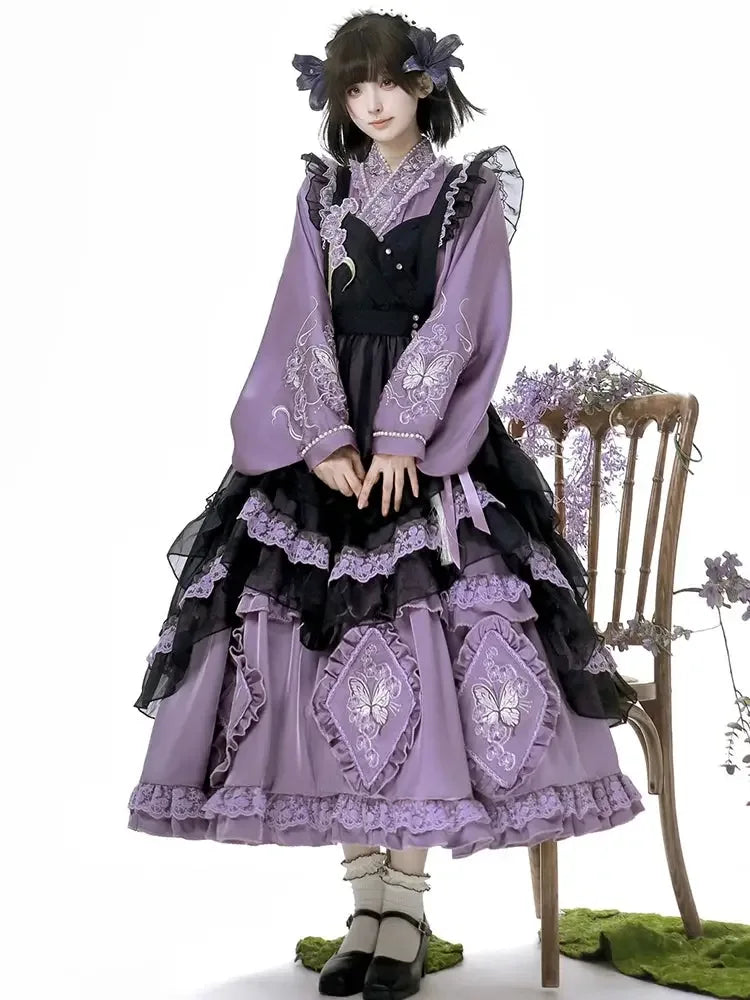 black and purple lolita dress Black/Purple Long Trumpet Sleeves Multi-Layered Ruffle Bowknot Lace-U LolitaInside