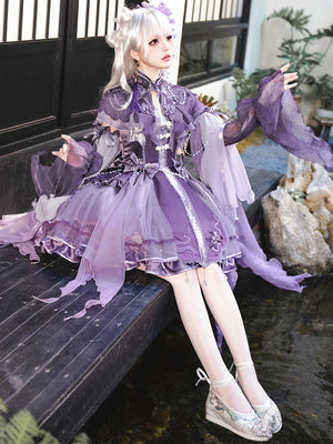 Chinese style purple lolita suspender dress cloud shoulder hanfu set for cute daily wear fabric detail