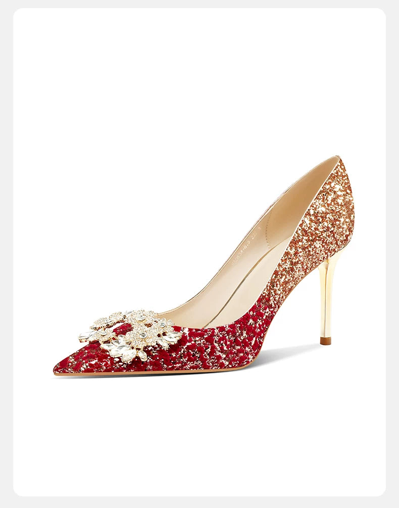 Chinese wedding heels champagne gold red glitter gradient pointed toe stiletto pumps with 3d floral detail bridal shoes for bride front view