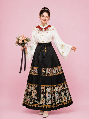Chinese wedding toast plus size mamian skirt set red gold phoenix embroidered mamian skirt and white long sleeve top for curvy women embroidery detail