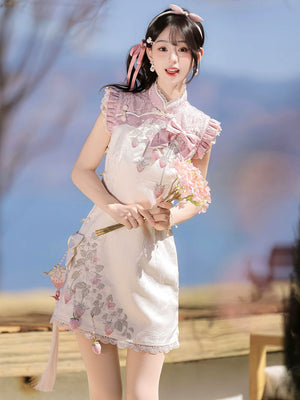 Modern improved cheongsam strawberry dress with new Chinese style design and hanfu element for daily wear