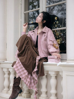 Cinnamon latte faux leather down jacket winter skirt set for women warm and stylish wear back view