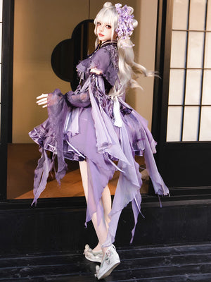 Cloud shoulder purple lolita hanfu set sweet chinese style suspender dress back view for photoshoot