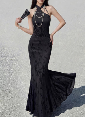 Dark versatile cheongsam fishtail skirt set with chiffon open-sleeve coat and cloud temples oblique hairpin