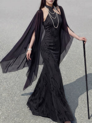 Cloud temples oblique hairpin with black flocked knitted cheongsam fishtail skirt and chiffon open-sleeve coat set