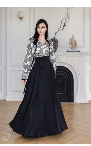Comfortable flower branch ink hanfu set soft cotton linen stand collar shirt paired with black 6 meter pleated skirt full length view