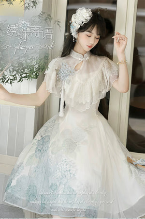 Comfortable hydrangea message lolita dress short sleeve elegant daily lolita gown for autumn and summer full length view