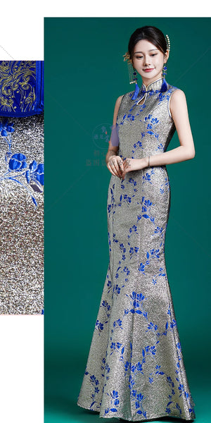 Complete blue white porcelain cheongsam set cape evening host dress with long fishtail skirt for catwalk full length view