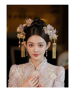 Complete blush pink chinese bridal set handmade floral headpiece for hanfu qipao wedding style full length view