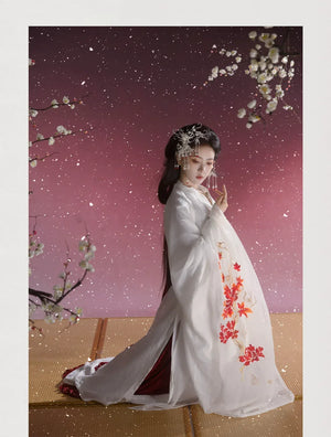 Camellia snow original embroidered hanfu white battle robe set inspired by warring states era fabric and embroidery detail