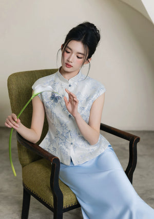 Complete cheongsam qipao set white 3d floral sleeveless top light blue high waist mermaid skirt modern elegant full length view