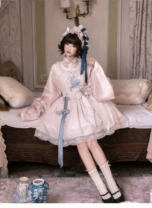 Complete east meets west pink two piece set romance style embroidered hanfu blouse and over skirt full length view