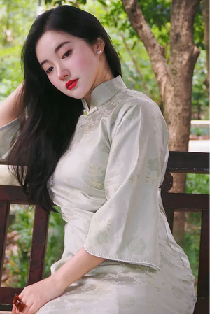 Complete emerald new chinese qipao set flowing sleeve full opening silhouette with elegant plus friendly fit full length view