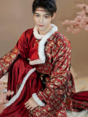 Complete first dawn tang dynasty set fur lined gold brocade new year edition unisex robe full length view