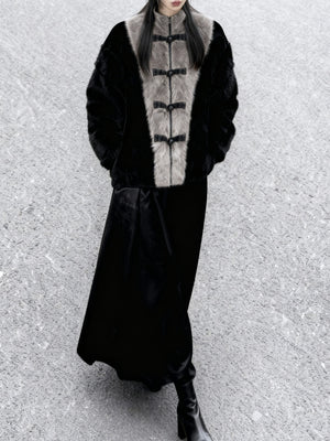 Complete grey black winter hanfu set faux fur coat with bamboo leaf velvet skirt traditional style standing front