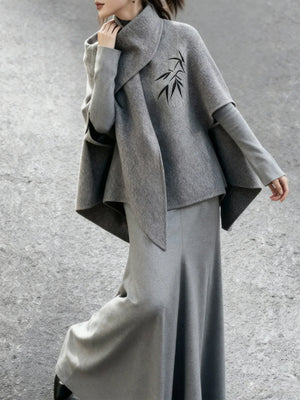 Complete grey wool cape set short cloak jacket with knit dress soft relaxed fit outfit full length view