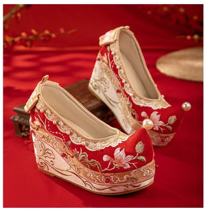 Complete hanfu embroidered heels set women song style qipao shoes with pearl detail 10cm lift full length view