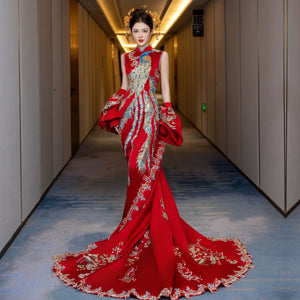 Complete high end bridal set thin engagement toasting clothes luxury trailing cheongsam xiuhe slim dragon phoenix return dress full length view