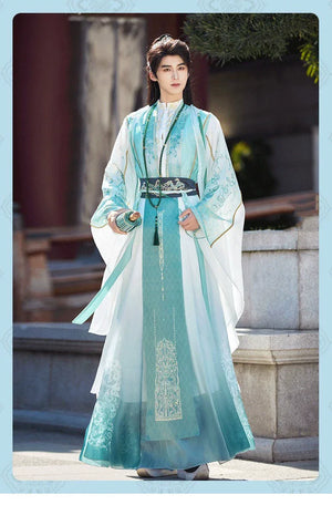 Complete junlin unisex hanfu set flowing wide sleeve xianxia inspired outfit for spring summer for men women full length view