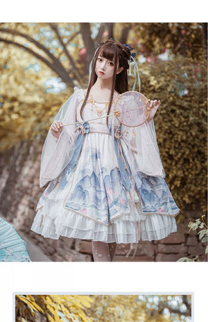 Complete lolita lingyin fu set long sleeved ancient chinese style lolita dress with fairy silhouette full length view
