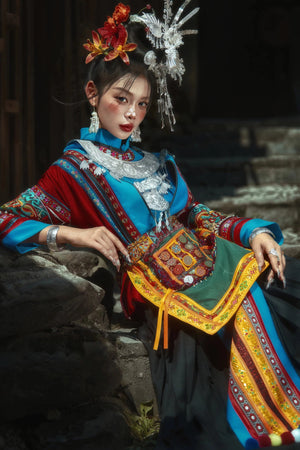 Complete miao tujia minority dress set traditional ethnic costume for stage performance and travel photography full length view