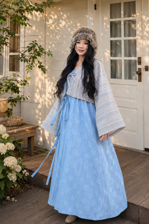 Complete modern hanfu dress set light blue fringe shoulder slip maxi dress with knit cardigan casual lazy style full length view