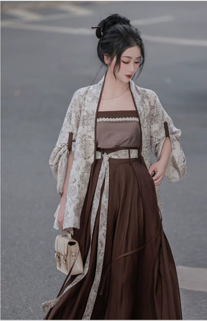Complete modern hanfu set floral wide sleeve cardigan robe dark brown tube top mini skirt vintage streetwear chinese style full length view