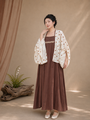 Complete modern hanfu set ivory polka dot wide sleeve cardigan robe brown slip midi dress vintage casual chinese style full length view