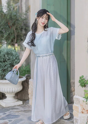 Complete modern hanfu set light blue butterfly sleeve top white high waist wide leg pants casual elegant daily outfit full length view