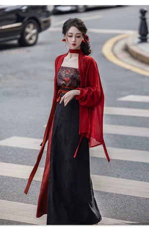 Complete modern hanfu set red wide sleeve cardigan robe black lace slip maxi dress dark gothic streetwear chinese style full length view