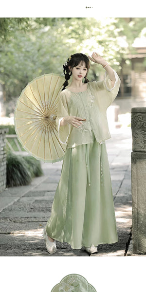 Complete modern hanfu set white wide sleeve top sage green wide leg pants casual everyday chinese style full length view