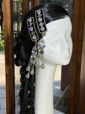 Complete mongolian handmade modern hair accessories set ethnic pearl and coral hair clips for women full length view