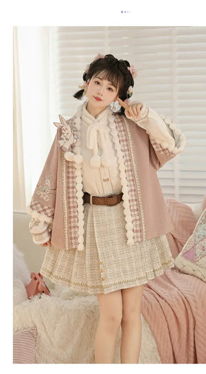 Complete pink modern hanfu set new chinese top and midi skirt inspired outfit for autumn winter full length view
