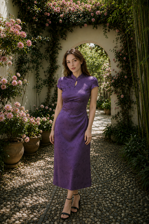 Complete plus size cheongsam set purple matcha green satin short sleeve slim midi dress with mandarin collar side slit vintage chic qipao full length view