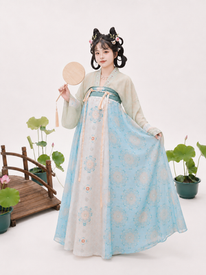 Complete plus size hanfu set red tang dynasty round collar robe white sheer wide sleeve cape blue green mamian skirt gold floral court style full length view