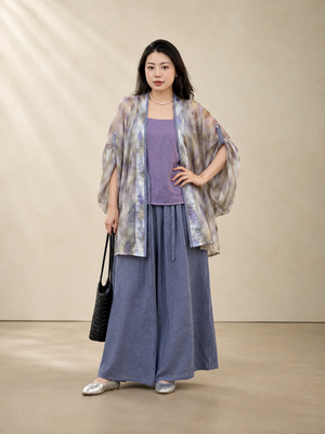 Complete plus size modern hanfu set brown plaid tang dynasty wide sleeve cardigan robe casual streetwear daily outfit full length view