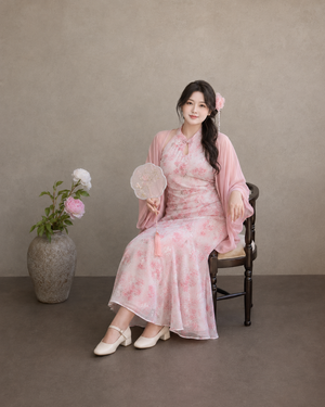 Complete plus size pink cherry blossom cheongsam set floral cape qipao dress elegant new chinese style summer full length view