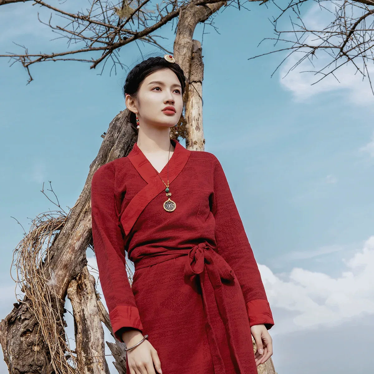 Complete red grace new chinese set tibetan inspired elegant red himalayan style dress full length view
