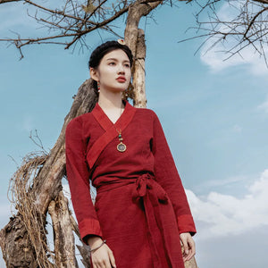 Complete red grace new chinese set tibetan inspired elegant red himalayan style dress full length view