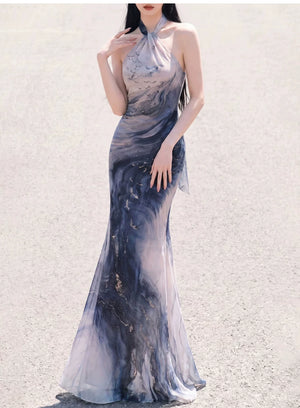 Complete sea blue ocean tide knitted set strap shoulder cut long fish tail versatile vacation waist femininity dress full length view