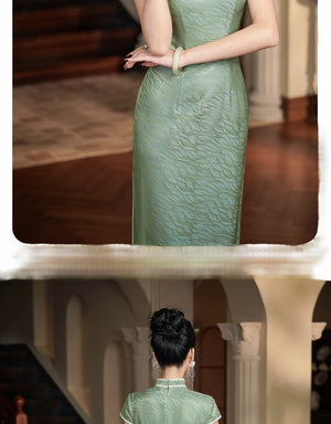 Complete Silk Cheongsam Set | Mint Green Mulberry Silk Short Sleeve Slim Maxi Dress with Lace Collar Side Slit Vintage Elegant Qipao
